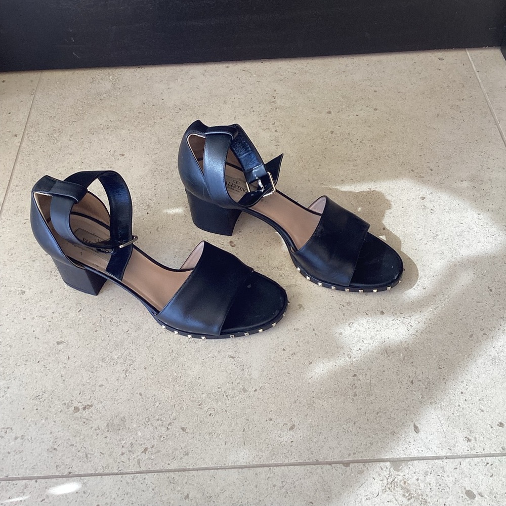 Valentino Sandal Black with Silver Studs.  Thick Heel.  Size 39 1/2.  Used.